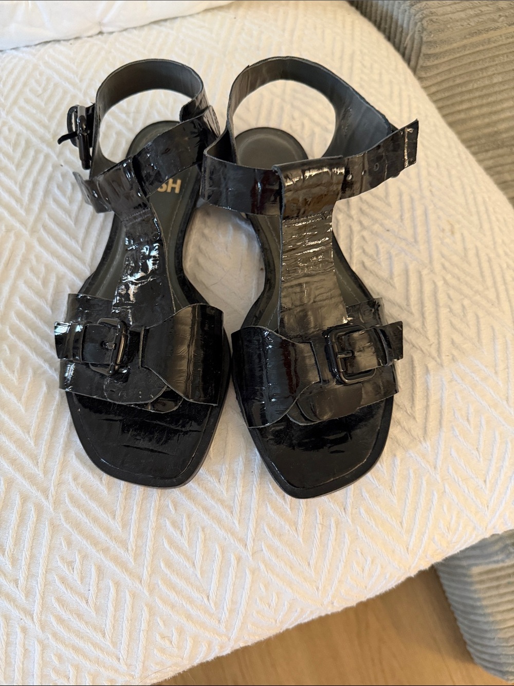Black Patent Leather T-Strap Sandals - Women